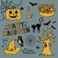 Little girl in witch costume on three pumpkins N2
