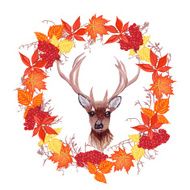 Autumn leaves and reindeer round design vector frame