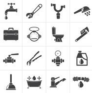 Black plumbing objects and tools icons