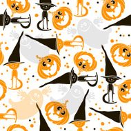 Halloween seamless background with ghosts pumpkins and kittens in hats N2
