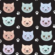 seamless pattern funny cat muzzle and paw prints Vector