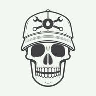 Vintage vector mechanic logo label with skull wrench