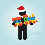 man with santa hat holds childrens color toy train N2