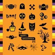 Cute Halloween black silhouette icons set on orange background