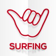 Paper silhouette red surfers shaka symbol with realistic shadow
