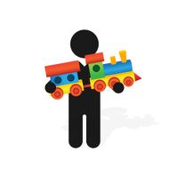 figure man holds childrens color toy train with carriages N2