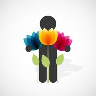 black silhouette of a man holds three colorful flowers