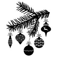 Christmas baubles hanging on fir branch