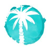 Watercolor blue circle and coconut palm tree