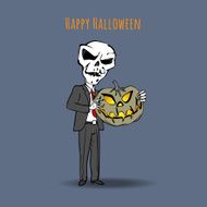 Skeleton in a suit and tie with an evil pumpkin