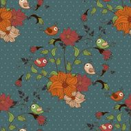 Beautiful seamless pattern with flowers and birds on blue background N2