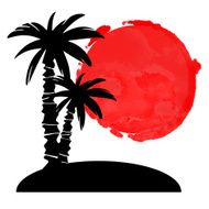 Coconut palm trees and red watercolor circle