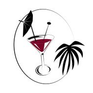 Cocktail with paper umbrella and olive on stick