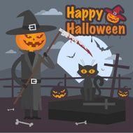 Illustration Halloween pumpkin with scythe and cat