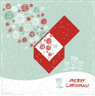 Vintage card with gift box Christmas trees and snowflakes