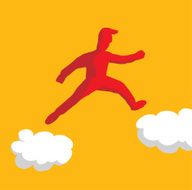 Man walking on clouds or jumping