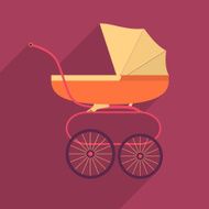 Retro baby stroller flat square icon with long shadows N2