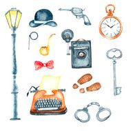 Watercolor retro detective accessories N2