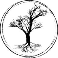 Round logo a tree with roots and crown without leaves