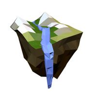 The island with mountains and falling mountain river Low poly