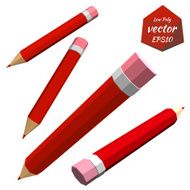 Set of red pencils isolated on white background Low poly style