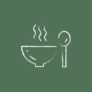 Bowl of hot soup with spoon icon drawn in chalk