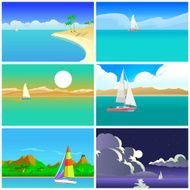 Set of different beautiful seascapes with a sailboat