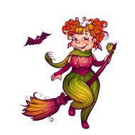 Halloween witch with bat flying to party Vector illustration