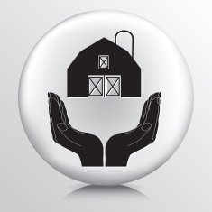 Round Icon With Two Hands Cupping a Barn and Silo N2