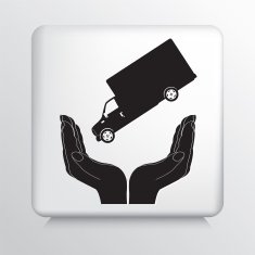 Square Icon With Two Hands Cupping a Tipped Hauling Truck N2