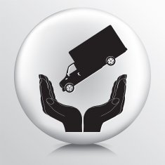 Round Icon With Two Hands Cupping a Tipped Freight Truck N2
