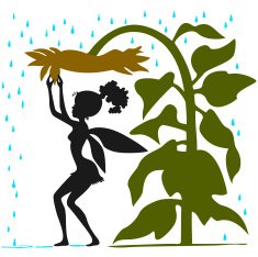 Fairy hides from rain under Sunflower