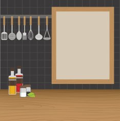 Kitchen utensils weighs on a wall in the kitchen N2