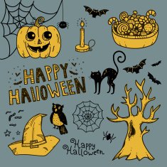 Little girl in witch costume on three pumpkins N2