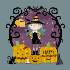 Little girl in witch costume on three pumpkins N3