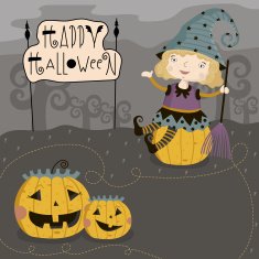 Little girl sits on pumpkin