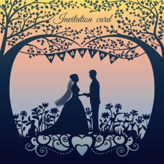 Wedding invitation card with silhouette bride and groom