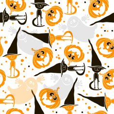 Halloween seamless background with ghosts pumpkins and kittens in hats N2
