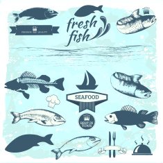 Seafood labels fish packaging design fishing logo elements
