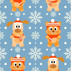 New Year seamless background with cat and dog