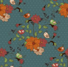 Beautiful seamless pattern with flowers and birds on blue background N2