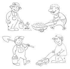 Cartoon gardeners work outline