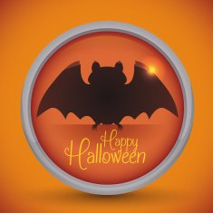 Happy Halloween Bat Button on Orange Background Vector Illustra