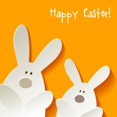 Happy Easter postcard White rabbits on a yellow background