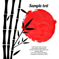 Bamboo trees black silhouettes and red watercolor