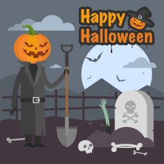 Illustration Halloween pumpkin holding a shovel and smiling