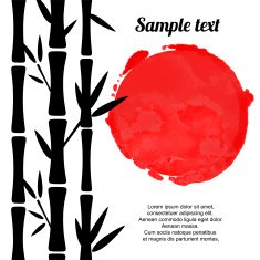 Bamboo trees black silhouettes and red watercolor N2