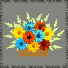 Basket with flowers Gerberas and chamomiles on grey background N2