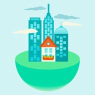 City around small house on a globe