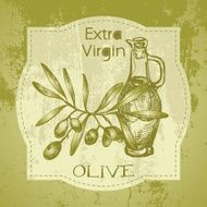 Grunge vintage label with olive branch and oil bottle